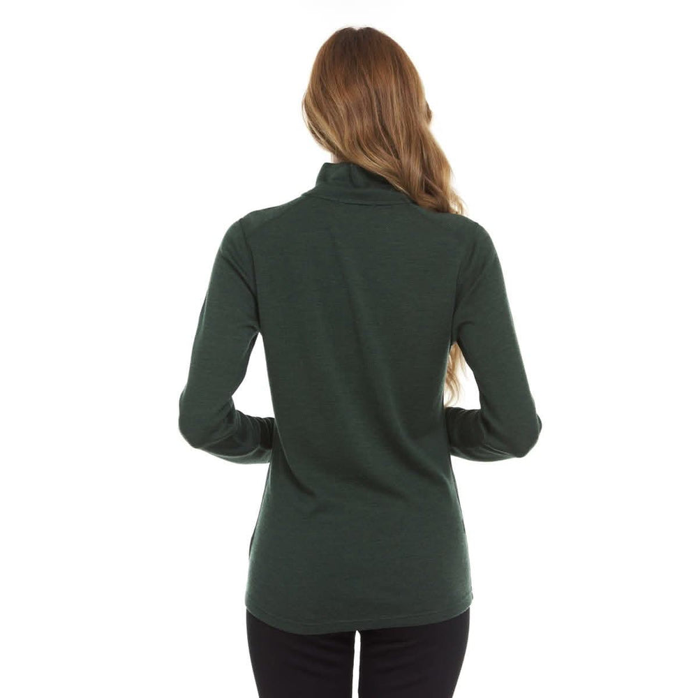 A woman models a comfortable women's midweight quarter zip sweater in a soft merino wool. The sweater features a 1/4 zip neckline and thumbholes at the cuffs. Back view. #color_forest-green