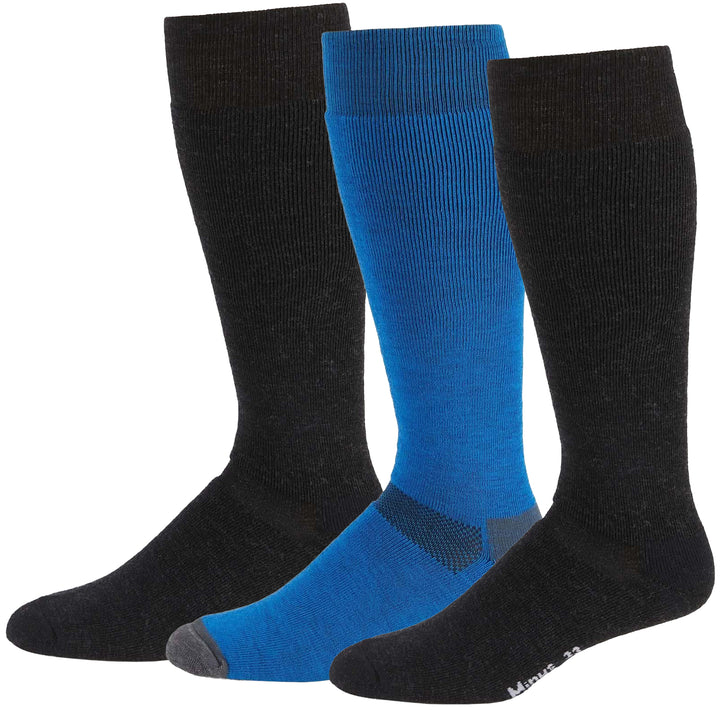 Three pairs of merino wool ski socks in black and blue on a white background