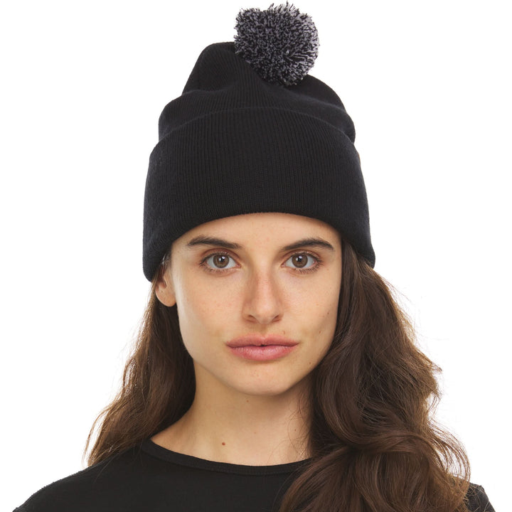 Midweight - Everyday Knit Cuff Pom Beanie 100% Merino Wool. warm beanie for winter, back view of the cuffed pom beanie 