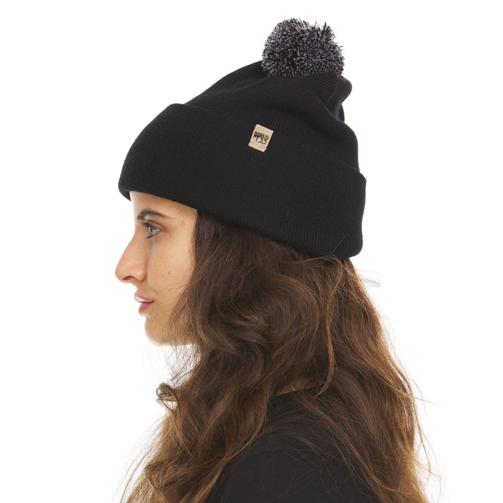 Midweight - Everyday Knit Cuff Pom Beanie 100% Merino Wool. warm beanie for winter, right-facing side view of the cuffed pom beanie 