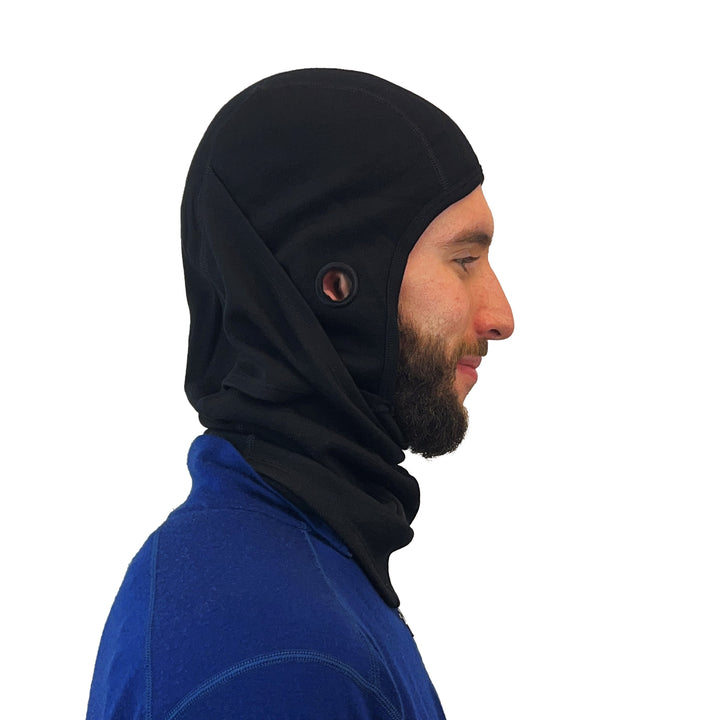 Heavyweight-Merino-Wool-Balaclava, side view with face opening lowered