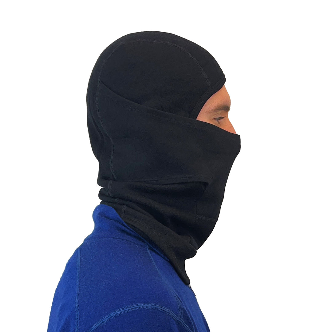 Heavyweight-Merino-Wool-Balaclava, side view with face opening raised