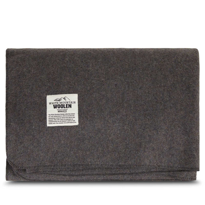 Folded charcoal king wool blanket with White Mountain Woolen label 