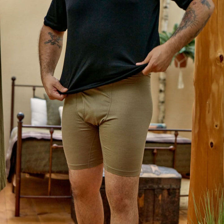 Merino boxer briefs that are 100% merino wool and tan-499 color 