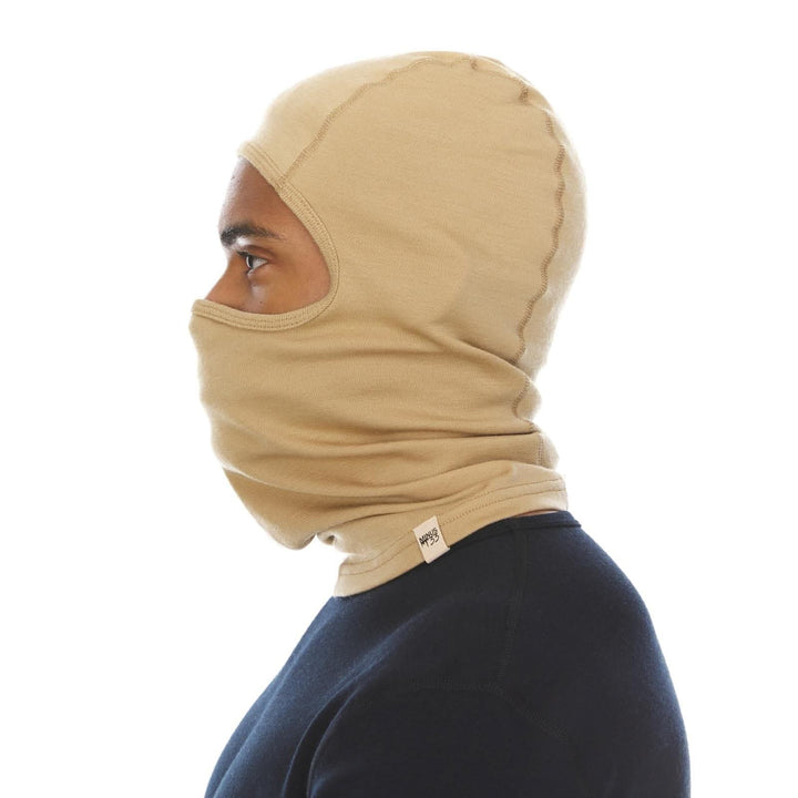 Side view of a desert-sand midweight 100% merino wool balaclava