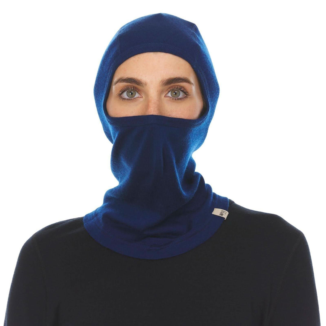 Front view of a navy midweight 100% merino wool balaclava