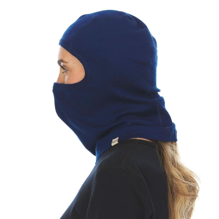 Side view of navy midweight 100% merino wool balaclava 