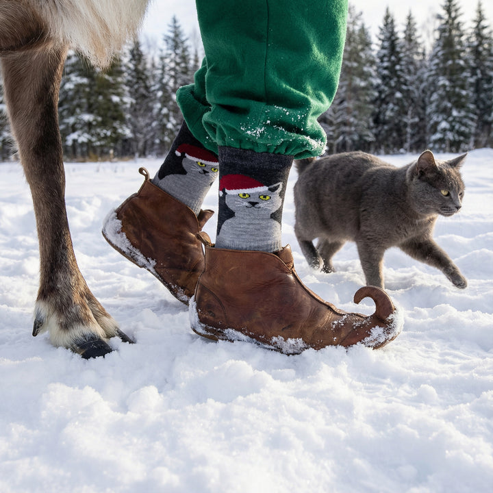 Elf walking in a pair of Santa Cat socks