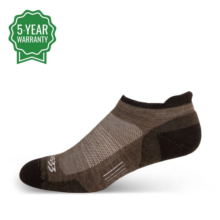 Front view of coffee brown micro weight merino wool full-cushion no-show tab socks laid flat, showing low openings, raised heel tabs, padded soles, reinforced heels, and toes 