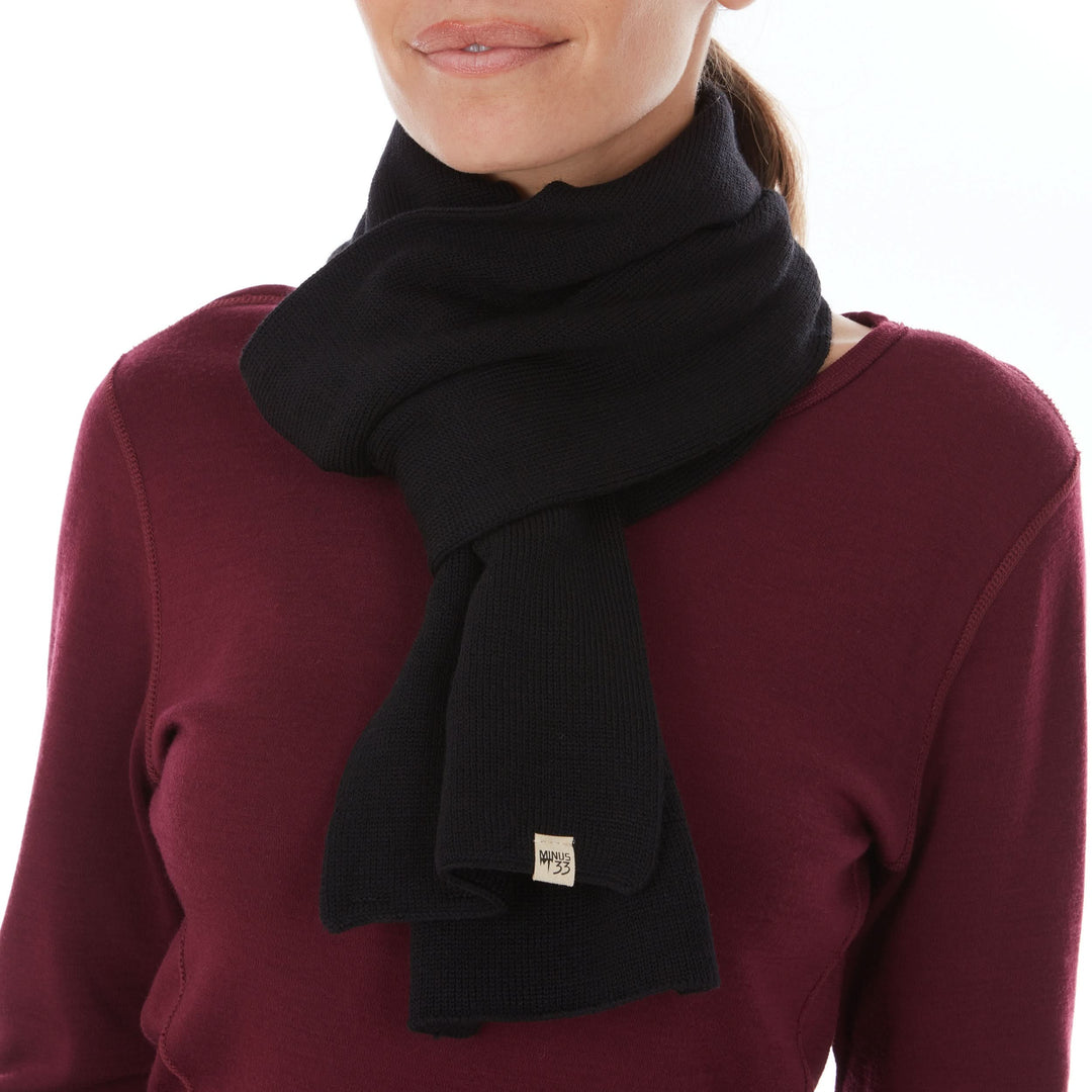 Midweight merino wool scarf Everyday warm Knit Scarf 100% Merino Wool, worn front view with crossed wrap 