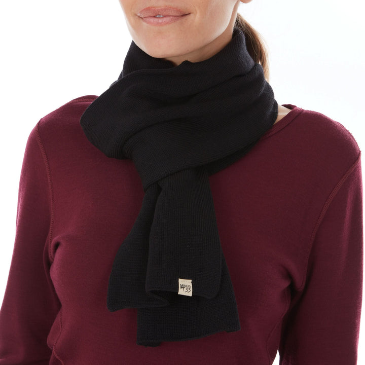 Midweight merino wool scarf Everyday warm Knit Scarf 100% Merino Wool, worn front view with crossed wrap 