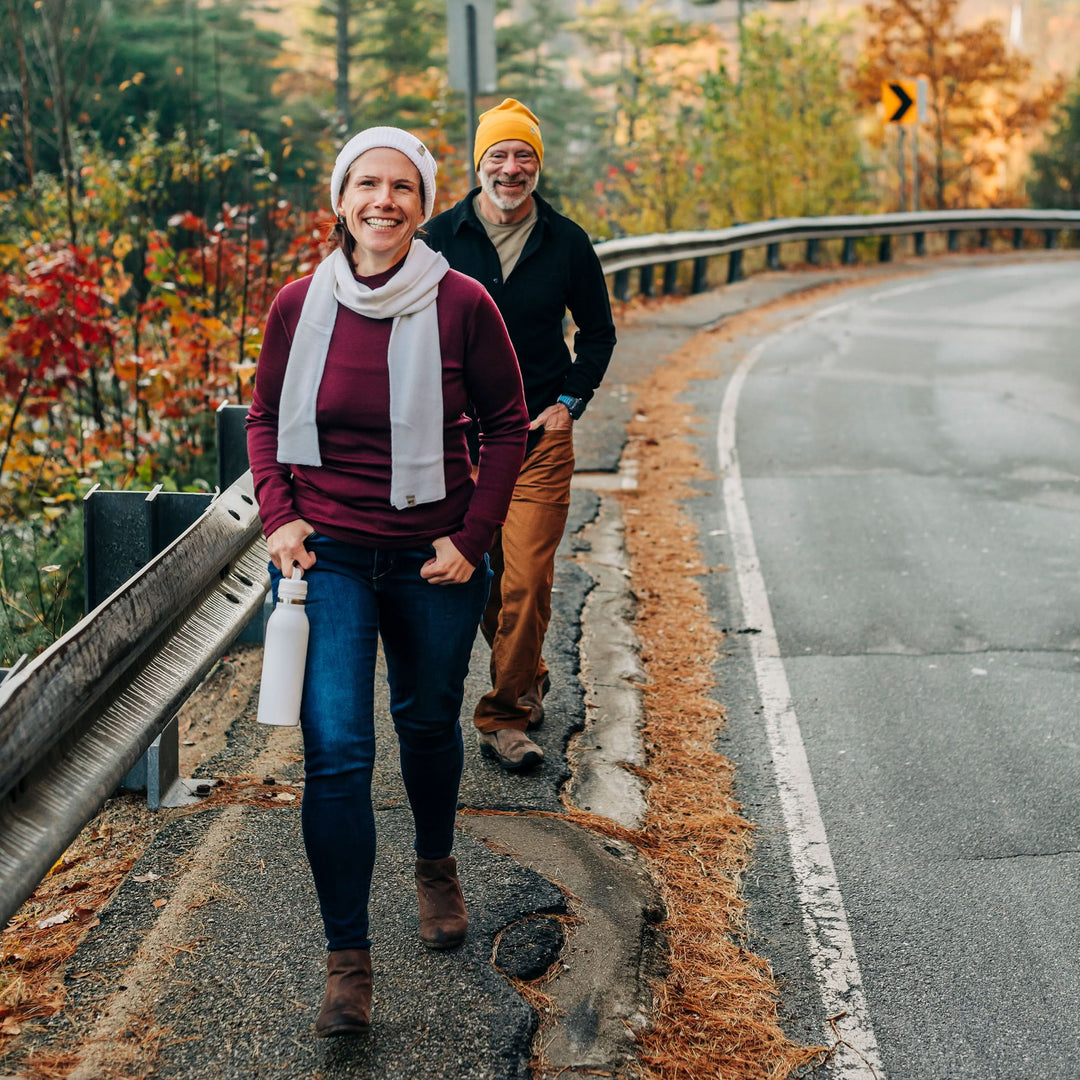 Midweight merino wool scarf Everyday warm Knit Scarf 100% Merino Wool, couple walking beside an autumn road 