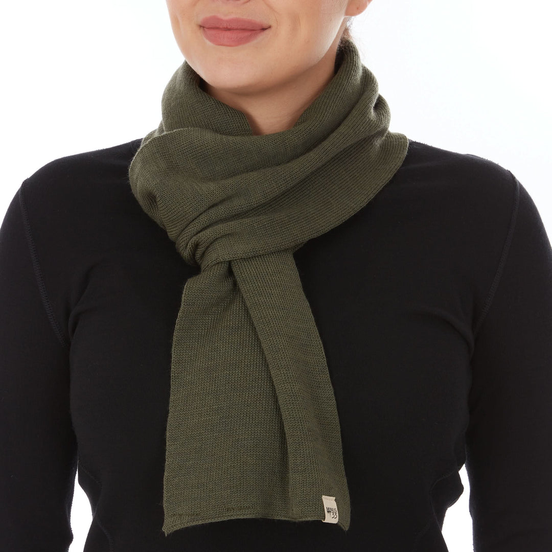 Midweight merino wool scarf Everyday warm Knit Scarf 100% Merino Wool, worn front view with crossed wrap 