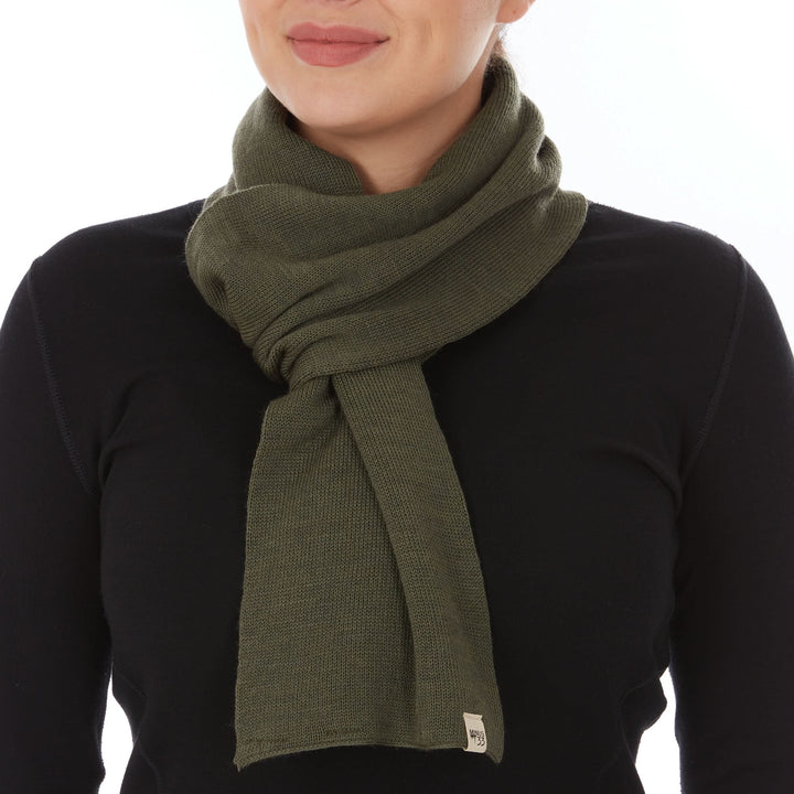 Midweight merino wool scarf Everyday warm Knit Scarf 100% Merino Wool, worn front view with crossed wrap 
