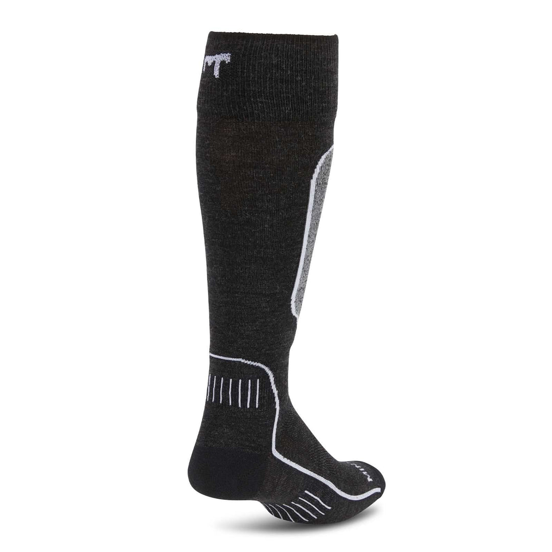 MountainHeritage Elite Liner Over The Calf Wool Ski Socks - Micro Weight best liner ski sock, black liner ski sock rear three-quarter view 