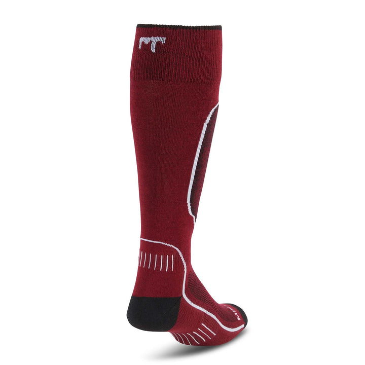 MountainHeritage Elite Liner Over The Calf Wool Ski Socks - Micro Weight best liner ski sock, red liner ski sock rear three-quarter view 
