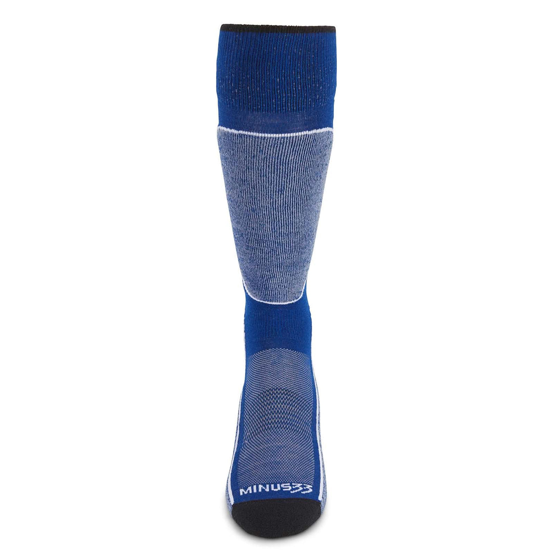 best padded cushioned wool ski socks liner performance USA made merino ski socks, blue cushioned ski sock front view 