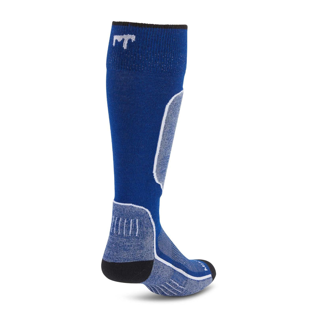 best padded cushioned wool ski socks liner performance USA made merino ski socks, blue cushioned ski sock rear three-quarter view 