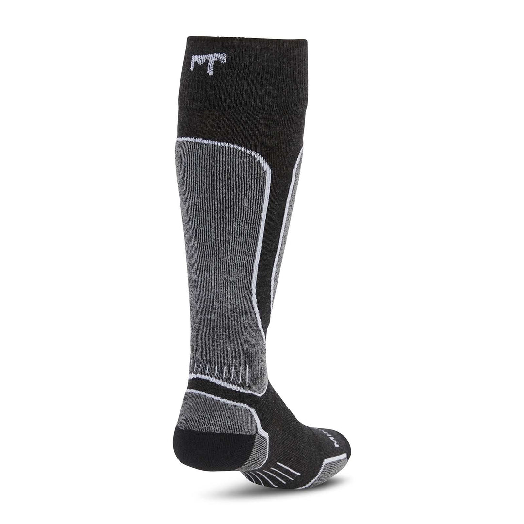 Back view of black micro weight merino wool light-cushion over-the-calf snowboard socks laid flat, showing tall ribbed cuffs, padded calf panels, reinforced heels, and cushioned soles 