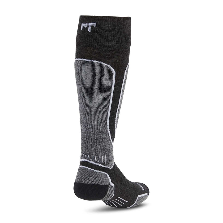 Back view of black micro weight merino wool light-cushion over-the-calf snowboard socks laid flat, showing tall ribbed cuffs, padded calf panels, reinforced heels, and cushioned soles 