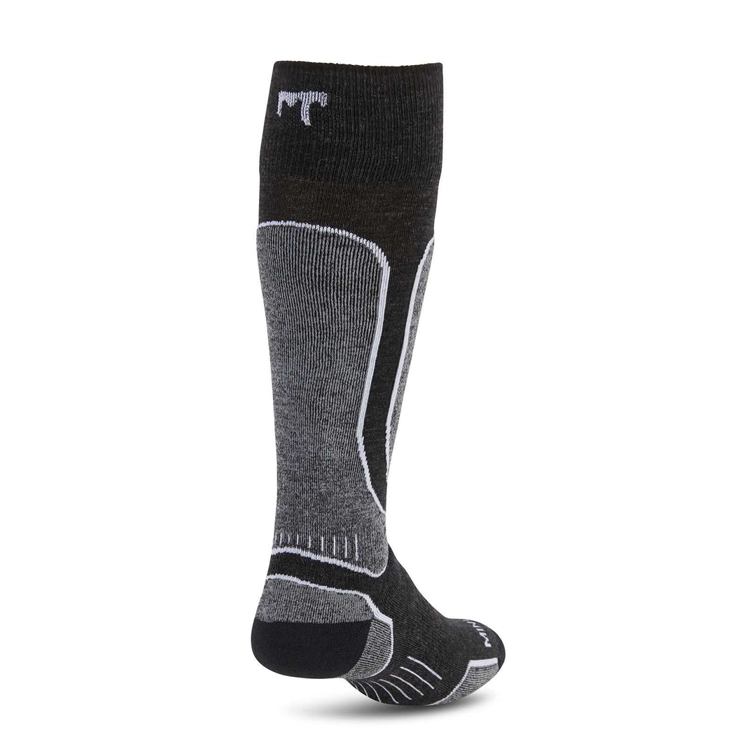 Alternate side view of black lightweight merino wool cushioned over-the-calf snowboard socks laid flat, showing tall ribbed shafts, padded shin panels, shaped heels, supportive ankles, and reinforced toes 
