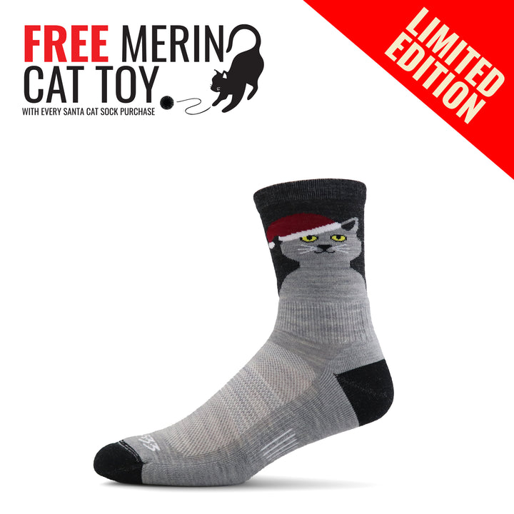 Merino wool socks with a grey santa cat wearing a Santa hat