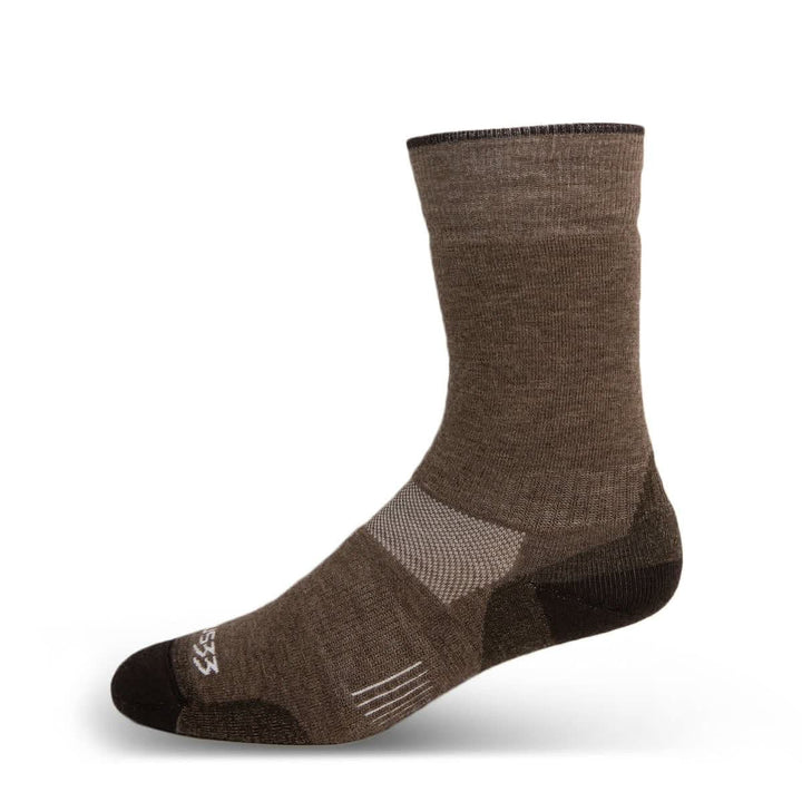 Coffee brown Mountain Heritage merino boot sock angled on white 