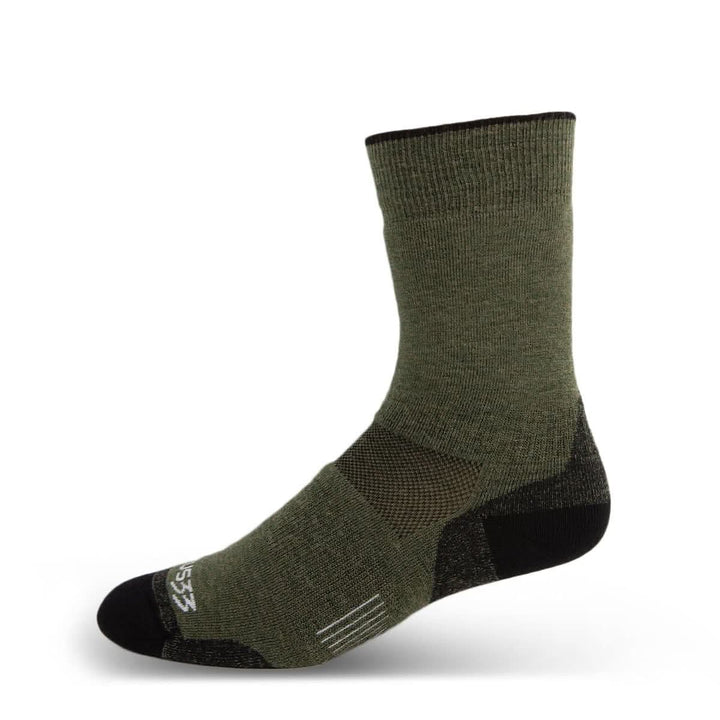 Olive drab Mountain Heritage merino boot sock angled on white 