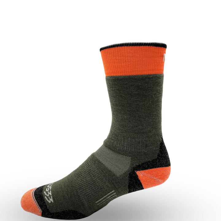 Olive Mountain Heritage boot sock with blaze orange heel and toe 