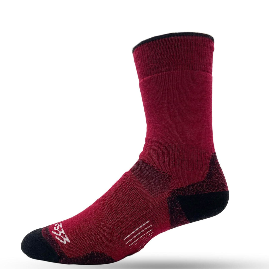 True red Mountain Heritage merino boot sock angled on white 