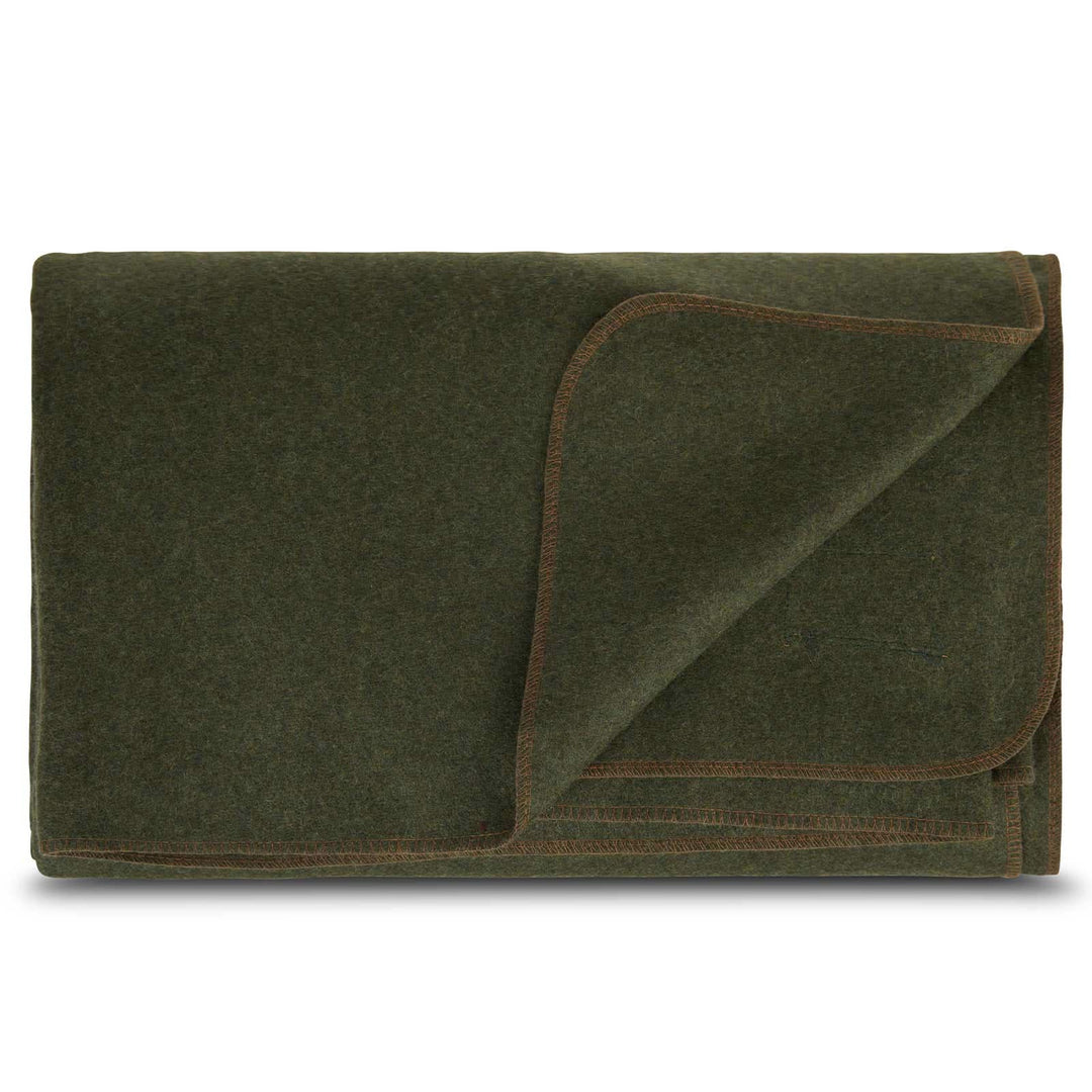 Front view of a folded olive-drab green lodge wool blanket with the upper-right corner turned diagonally down, revealing the matching reverse side and warm brown stitched binding 
