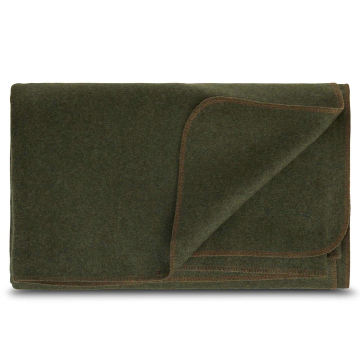 Front view of a folded olive-drab green lodge wool blanket with the upper-right corner turned diagonally down, revealing the matching reverse side and warm brown stitched binding 