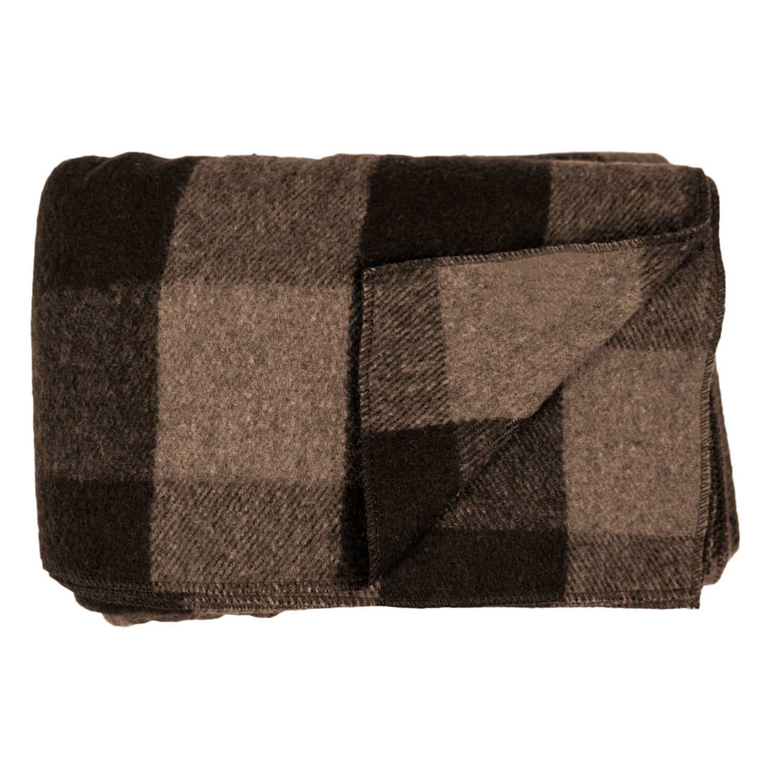 Front view of a neatly folded brown-and-tan buffalo plaid lodge wool blanket with one corner turned back to show the lighter reverse side 