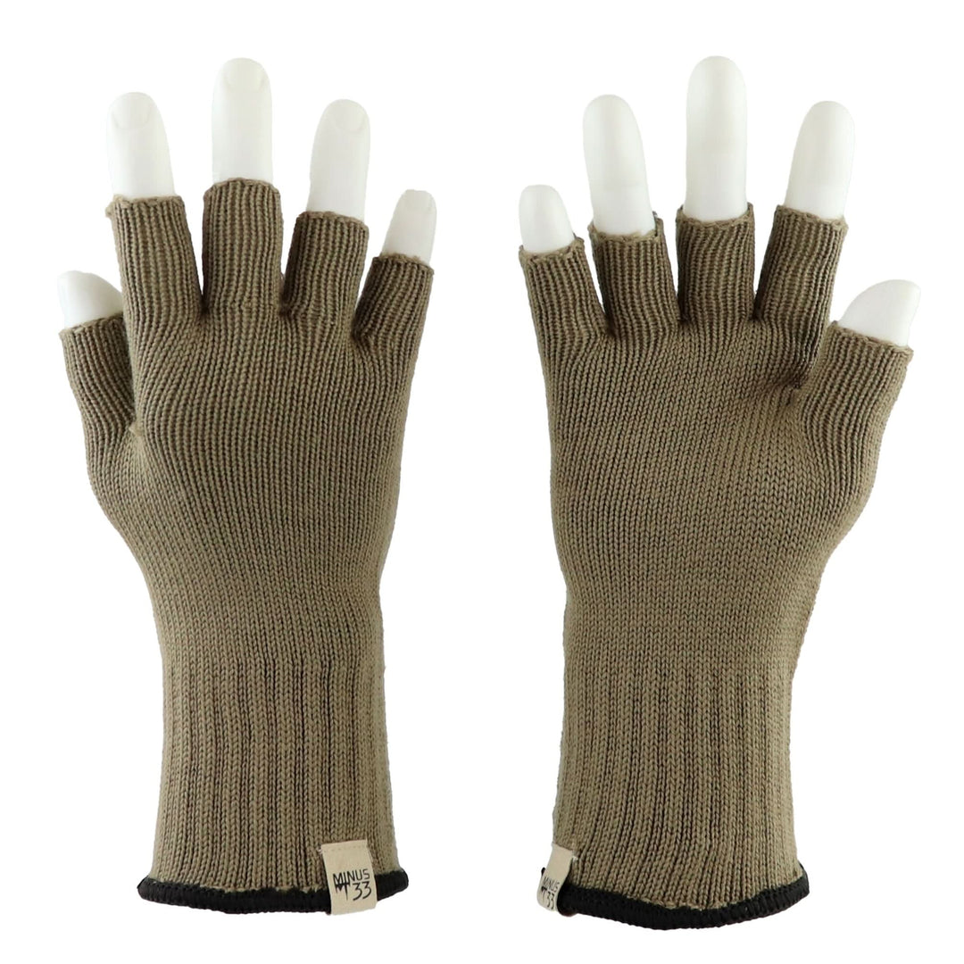 Pair of tan fingerless merino gloves with long cuffs on white 