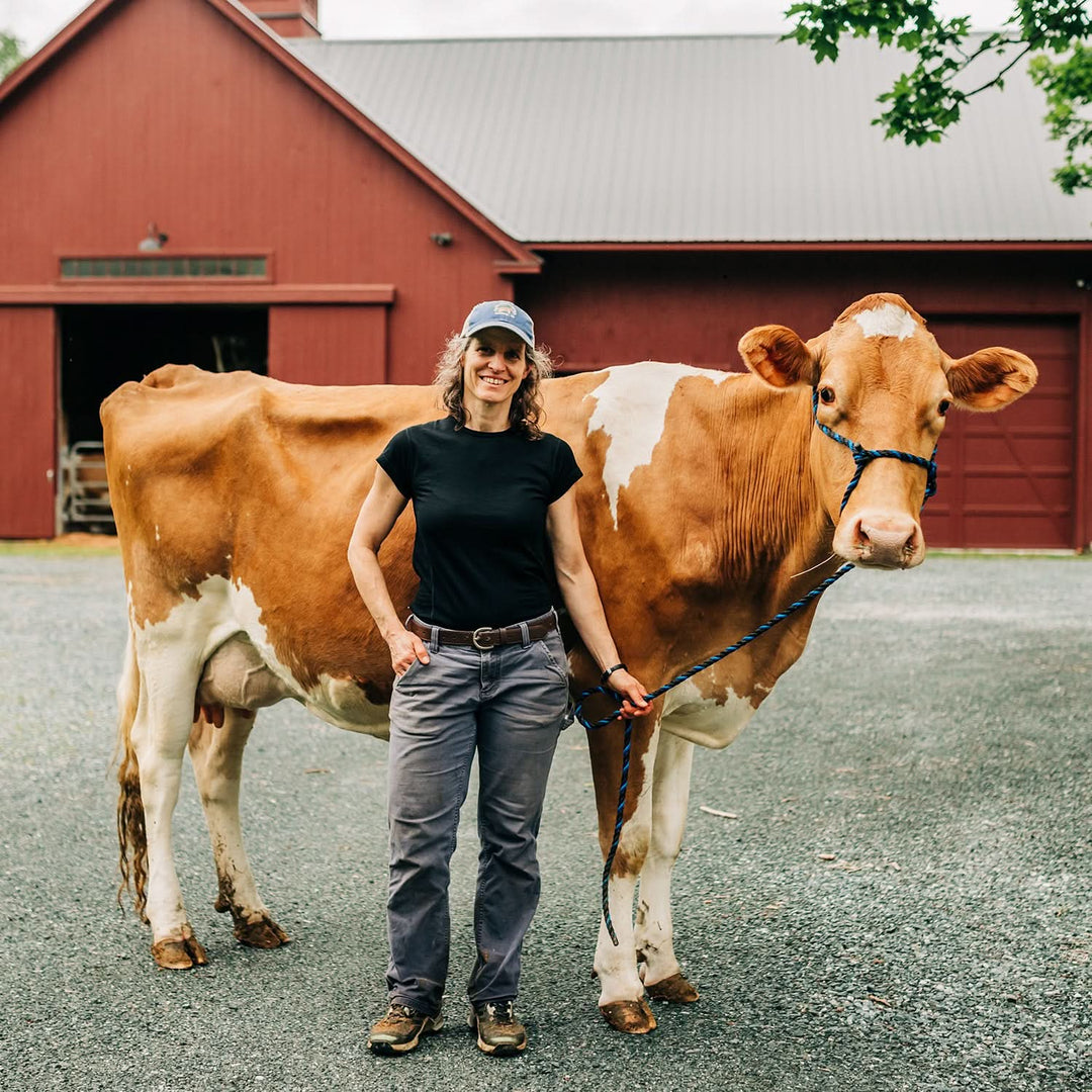 Woman wearing Merino crew stands with prize dairy cow 