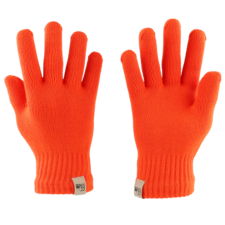 Pair of blaze orange lightweight merino glove liners on white 