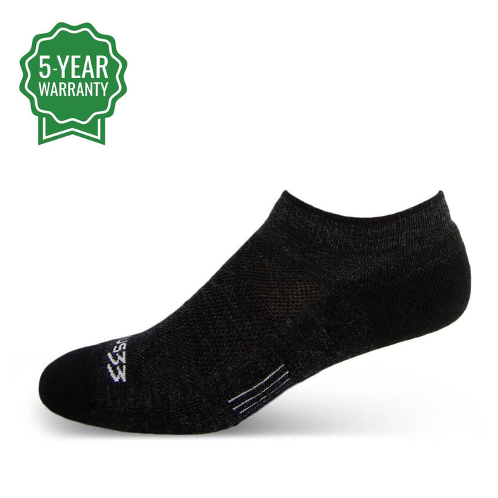 Side view of black micro weight merino wool full-cushion no-show socks on a white background, showing low-cut openings, padded footbeds, shaped heels, supportive arches, and rounded toes 