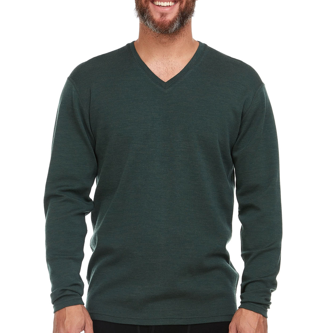 Midweight - Men's Long Sleeve V-Neck 100% Merino Wool. This timeless classic is now available in merino wool. Merino wool sweater #color_forest-green