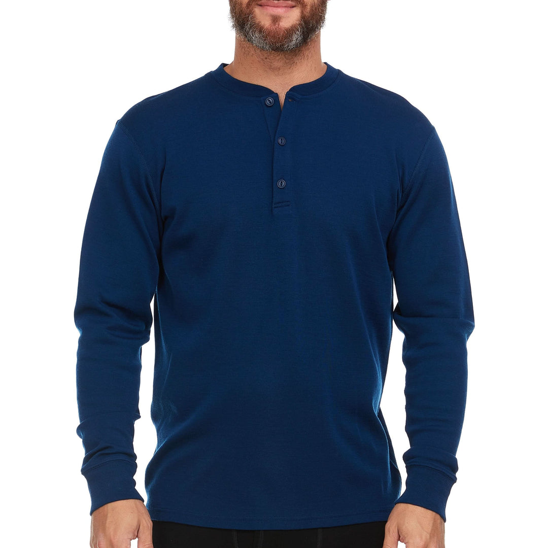 Midweight - Men's Long Sleeve Button Up 100% Merino Wool. Our best-selling Midweight fabric now as a long-sleeve henley. midlayer. View 1. #color_navy