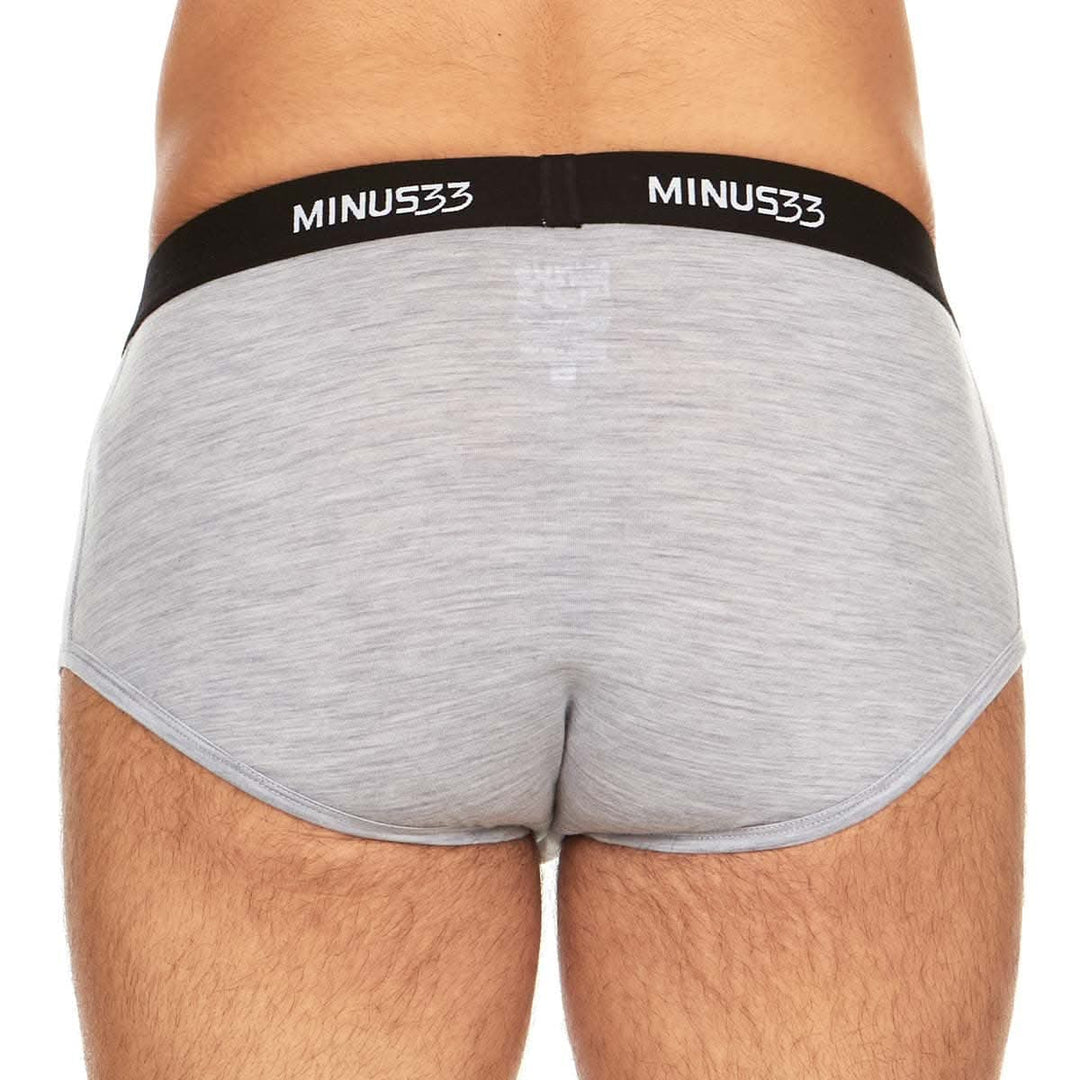 Back view from waist to upper thighs of a man wearing ash gray Woolverino micro weight merino wool briefs, showing the elastic waistband, smooth rear panel, high-cut leg openings, and close fit 