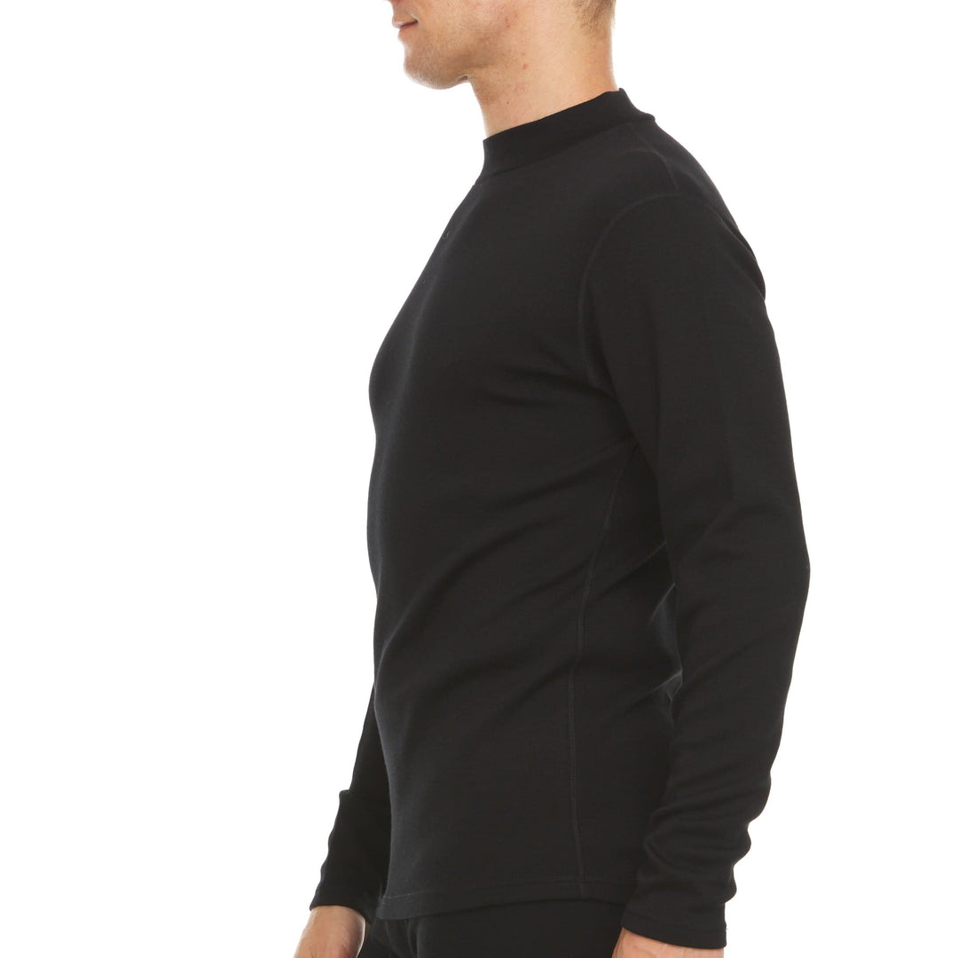 Side view of a male model wearing a black heavyweight 100% merino wool long-sleeve mock-neck base-layer top 