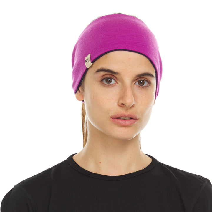 Minus33 Merino Wool Clothing Midweight Wool Reversible Headband, front view outdoors 