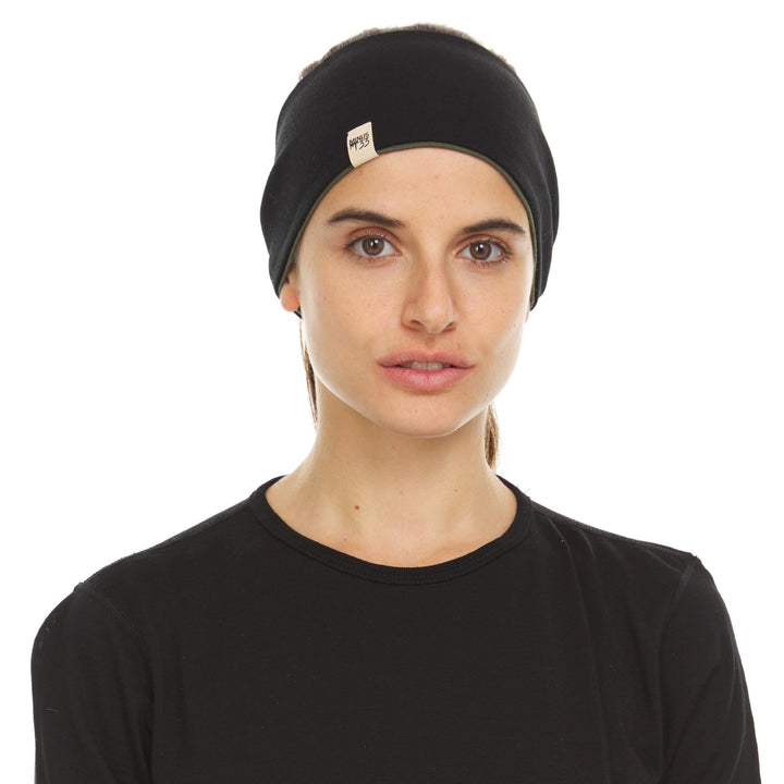 Minus33 Merino Wool Clothing Midweight Wool Reversible Headband, front view outdoors 