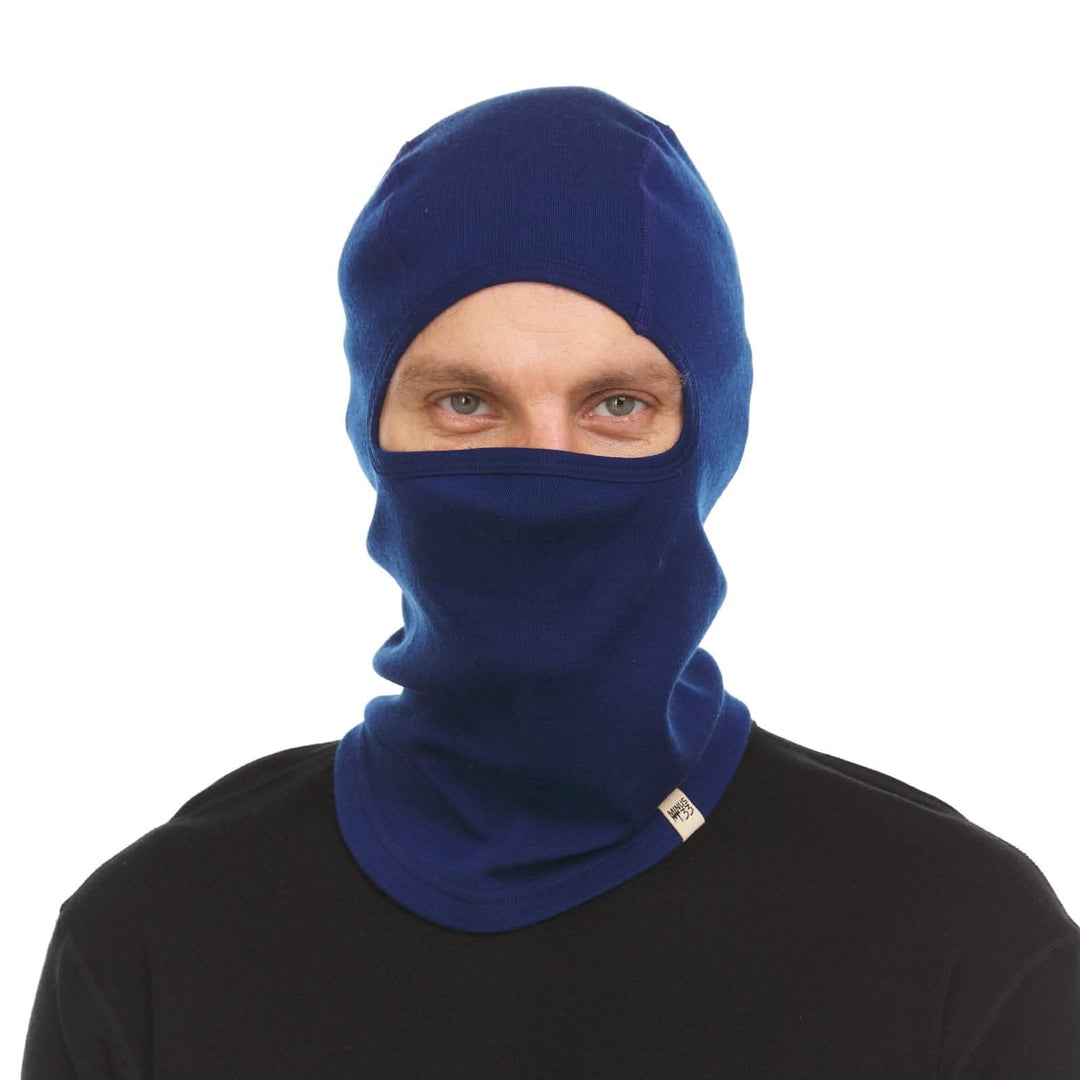 navy blue expedition weight balaclava, front three-quarter view 