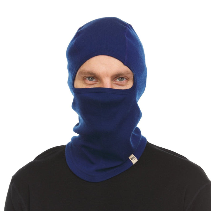 navy blue expedition weight balaclava, front three-quarter view 