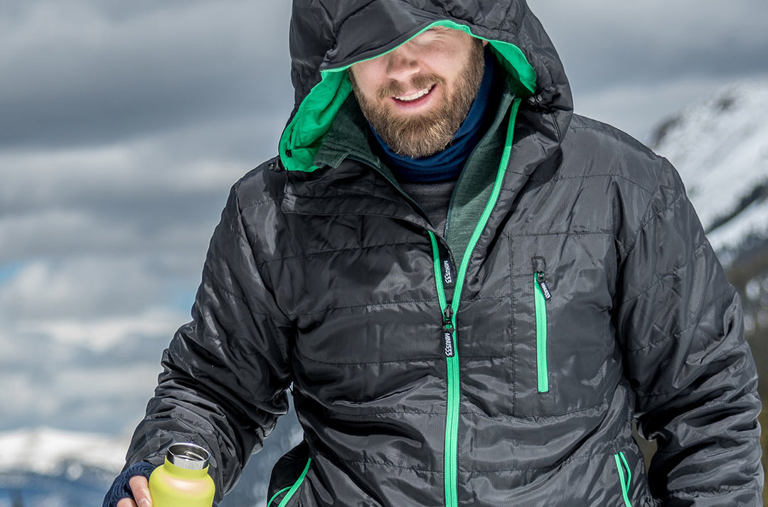 man wearing minus33 thermerino wool jacket