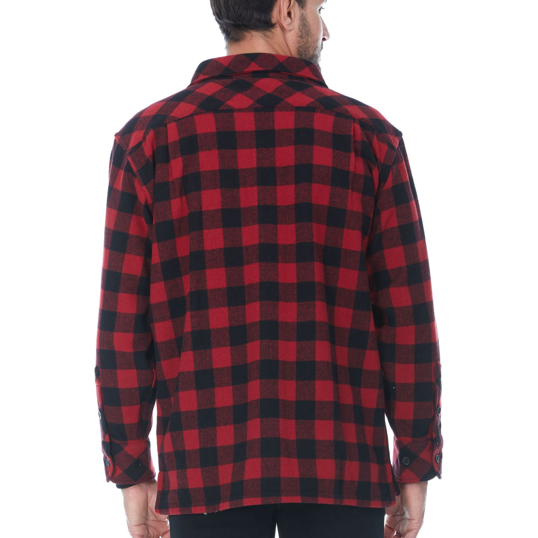 Side view of a red plaid White Mountain wool Sportsman Guide shirt jacket, showing the collar profile, chest pocket flap, button-front edge, long sleeve, side seam, and shirt-tail hem 