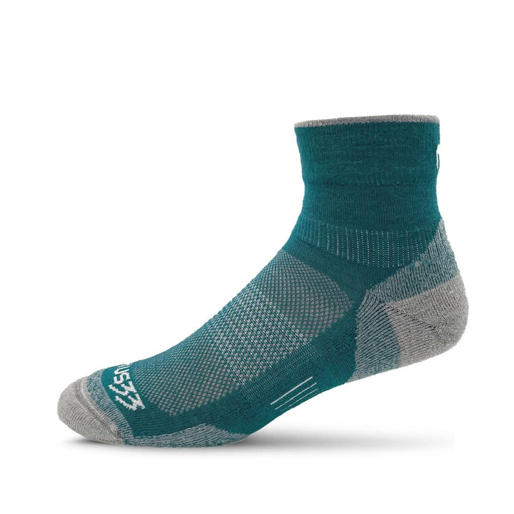 Front view of teal green micro weight merino wool full-cushion ankle socks laid flat, showing low ribbed cuffs, supportive instep panels, padded footbeds, reinforced heels, and rounded toes 