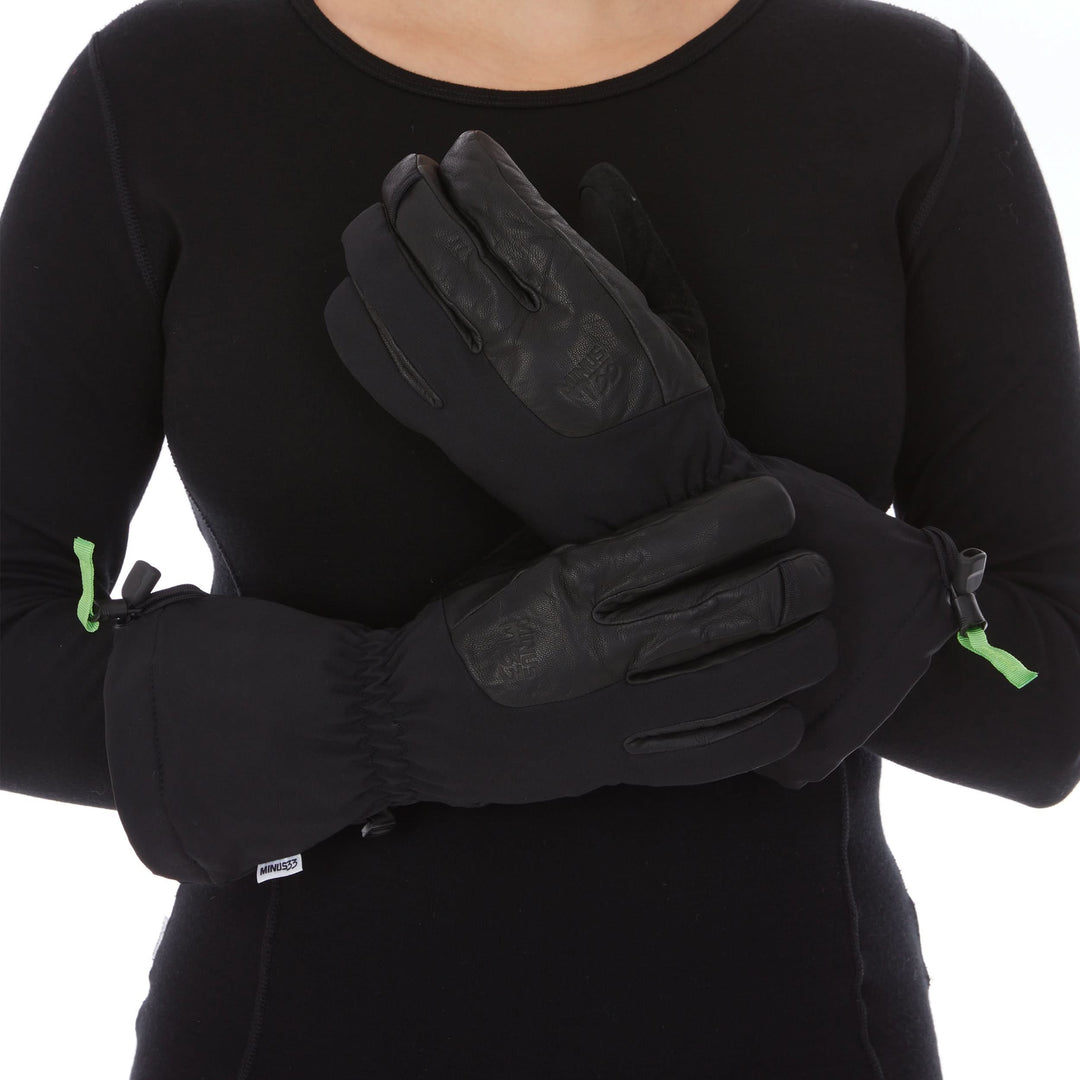 winter guide glove heavyweight wool waterproof glove, worn pair with crossed arms, palm view 
