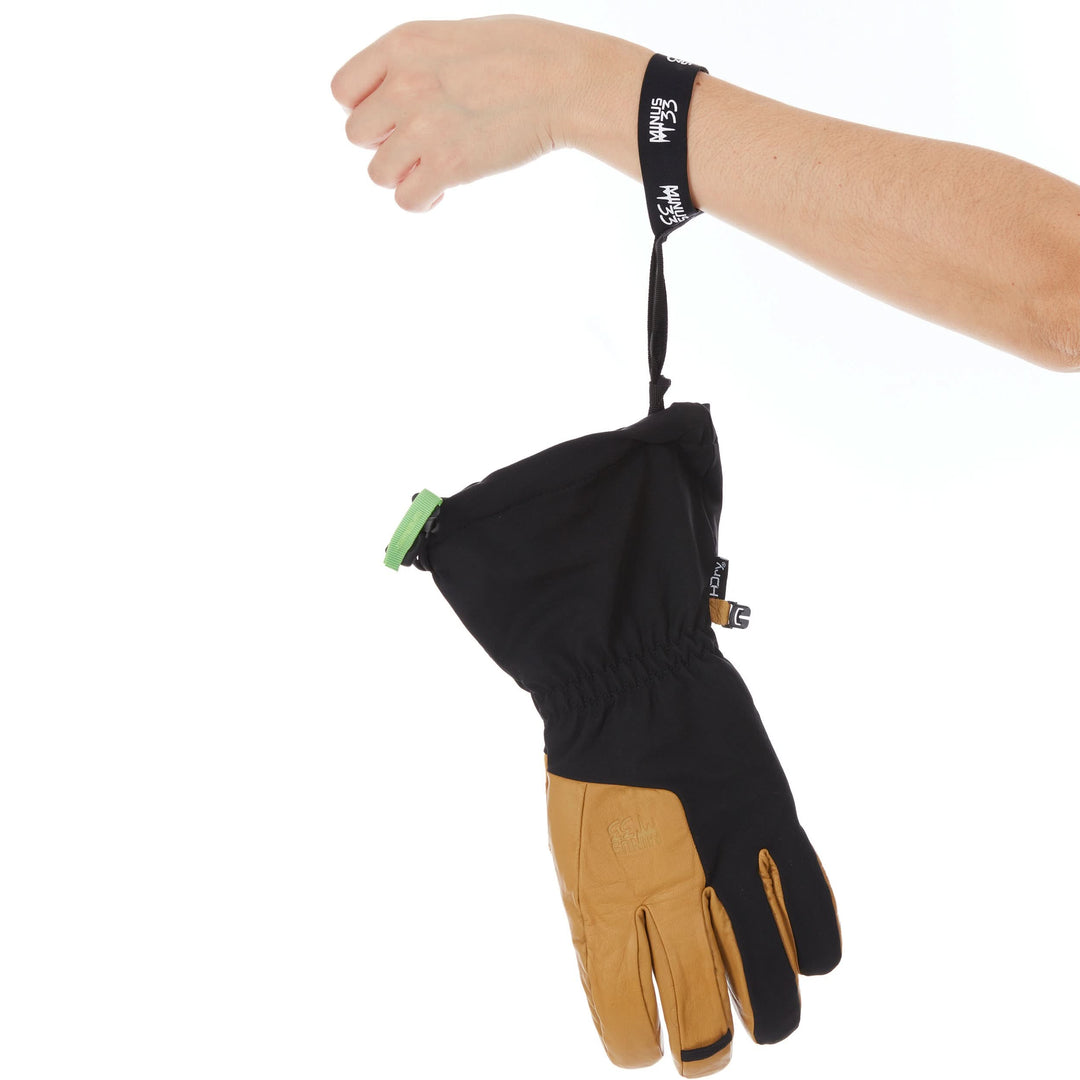 winter guide glove heavyweight wool waterproof glove, single glove hanging from wrist strap, back view 